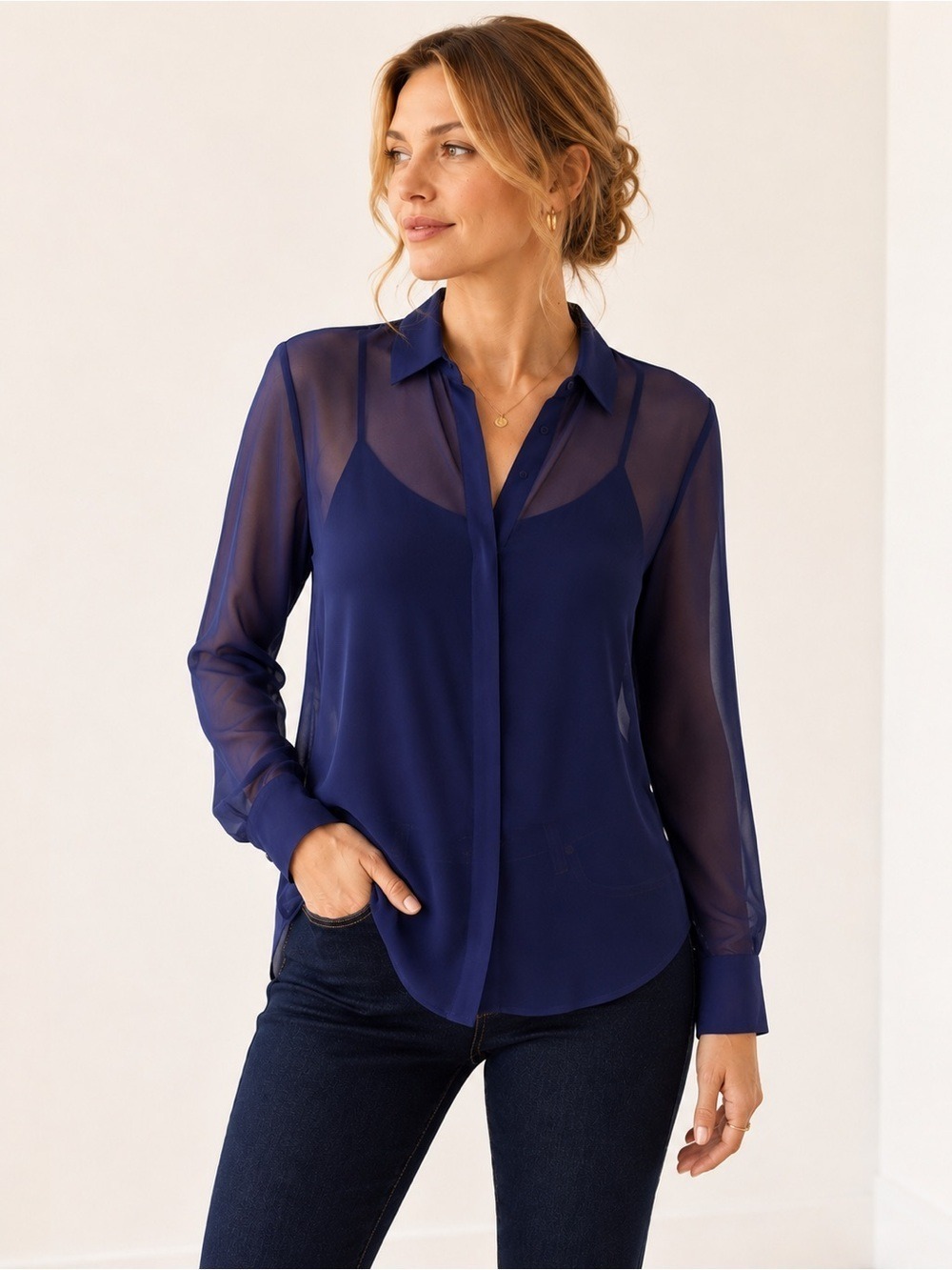 2/40$ OLIVE & Oak blue button down shirt sheer cobalt blue long sleeves medium